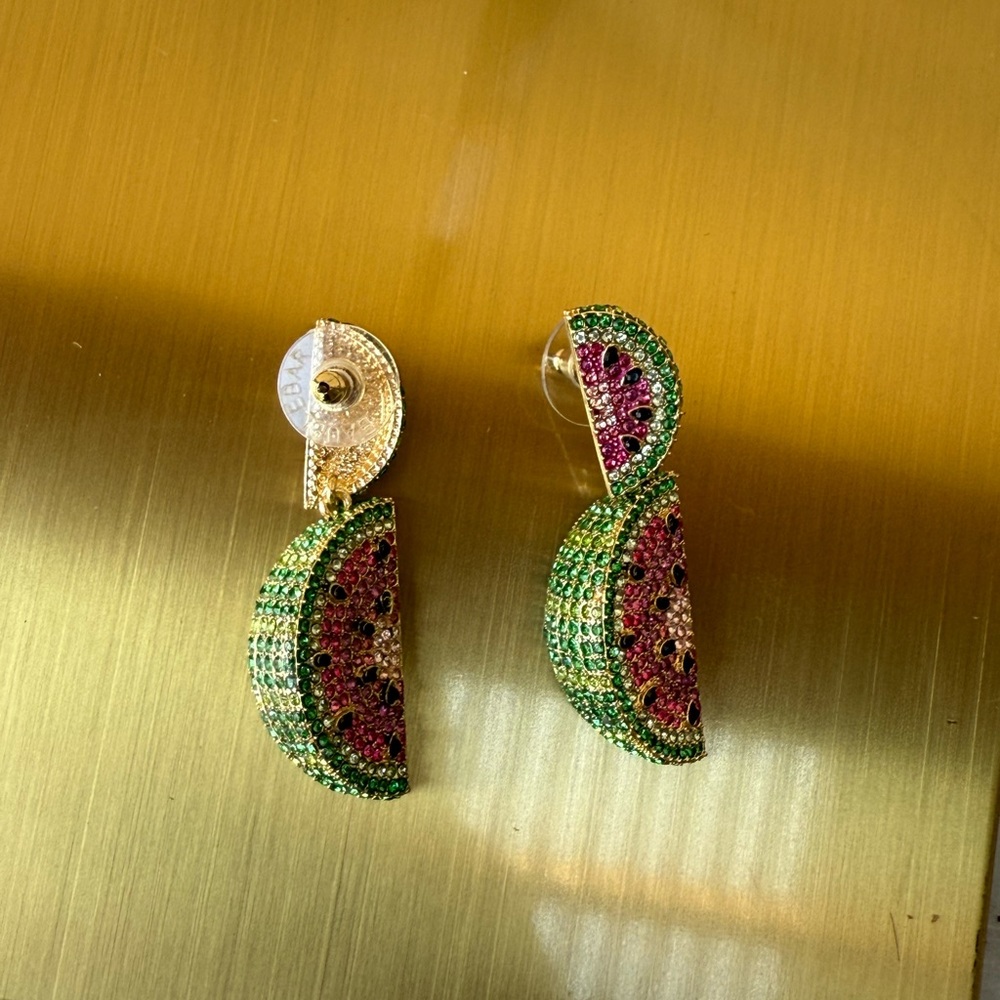Watermelon Slice Earrings with Green and Red Crystals